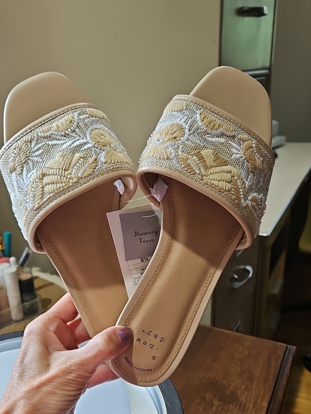a new day Beige Embroidered Slide Sandals